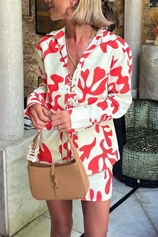 Leaf Print Short Set with Tie Details