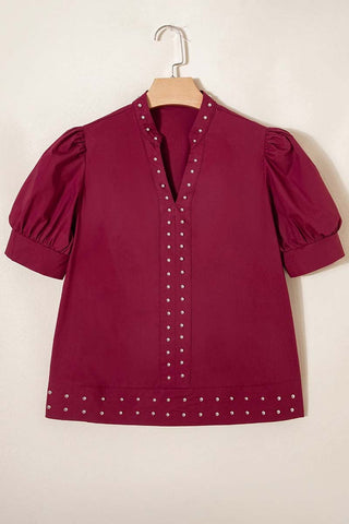 Embellished V Neck Puff Sleeve Blouse