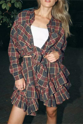 Plaid Button-Up Skirt Set