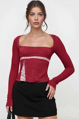 Ribbed Long-Sleeve Blouse with Lace Detail