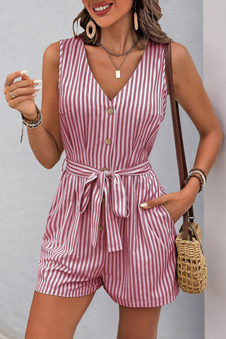 Striped Button-Front Tie-Waist Romper