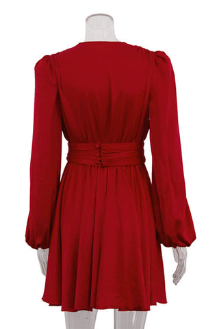 Long Sleeve V-Neck Pleated Dress