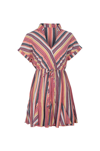 Plunge Neck Striped Tie-Waist Mini Dress