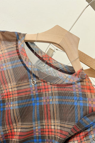 Sheer Plaid Long Sleeve Blouse