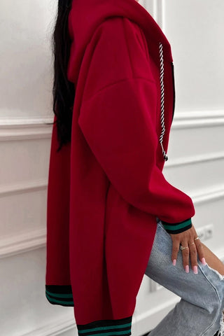 Contrast Cuffed Drop Shoulder Zip Up Tunic Hoodie