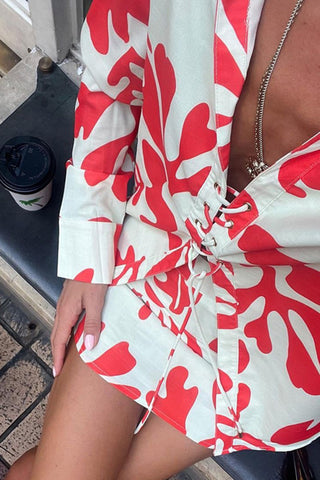 Leaf Print Short Set with Tie Details