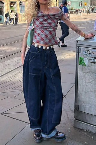 Draped Neck Plaid Tank Top