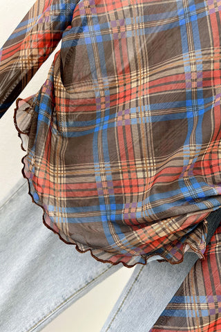 Sheer Plaid Long Sleeve Blouse