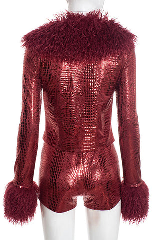 Faux Fur Collar Crocodile-Print Short Set