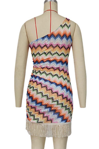One-Shoulder Fringe Hem Mini Dress