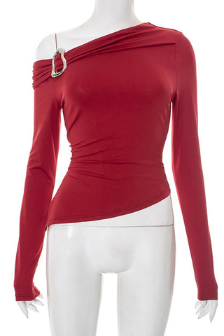 Asymmetrical One-Shoulder Tee with Buckle