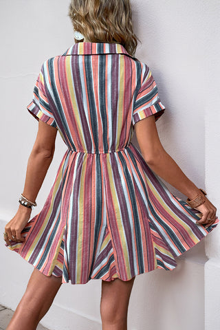 Plunge Neck Striped Tie-Waist Mini Dress