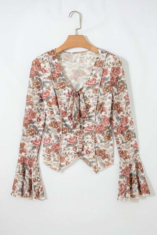 Floral Print Stitched Tie V Neck Blouse