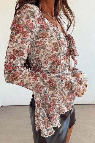 Floral Print Stitched Tie V Neck Blouse