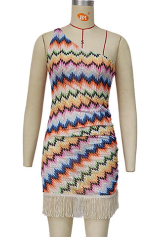 One-Shoulder Fringe Hem Mini Dress