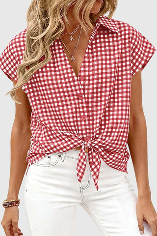 Checkered Button Tie-Front Shirt