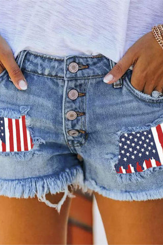 Button-Front Distressed Denim Shorts