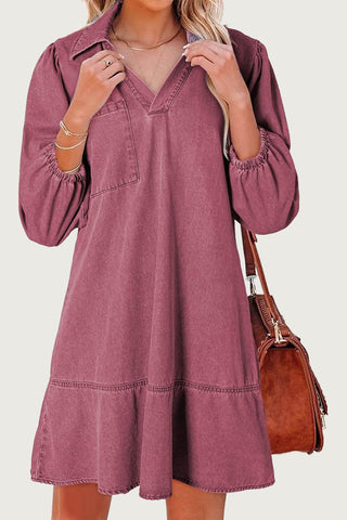 V-Neck Denim Dress with Puffed Sleeves