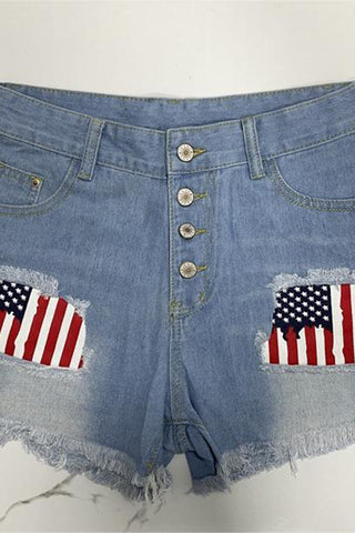 Button-Front Distressed Denim Shorts