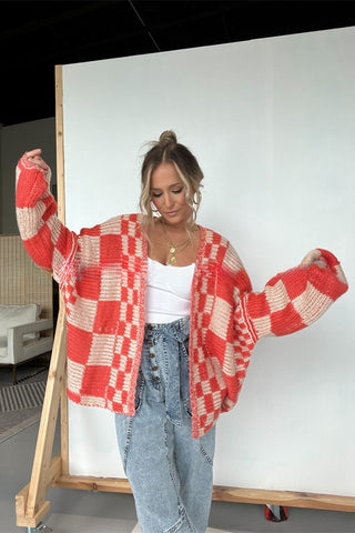 Open-Front Checked Cardigan