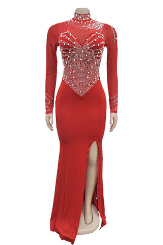 Embellished Mesh Long-Sleeve Dress