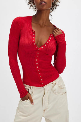 Snap-Button V-Neck Blouse