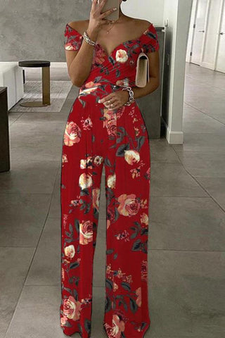 Off-Shoulder Floral Print Jumpsuit