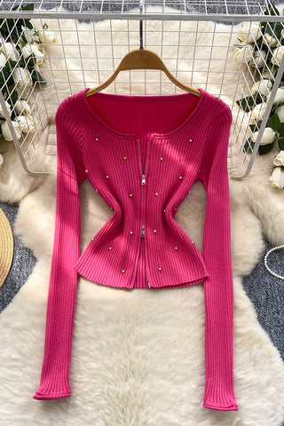 Zip-Front Long Sleeve Top with Studs