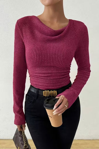 Ribbed Draped Neck Knit Top