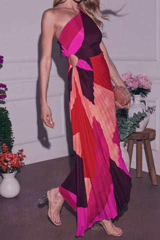 Floral One-Shoulder Pleated Dress