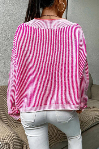 V-Neck Contrast Trim Striped Sweater