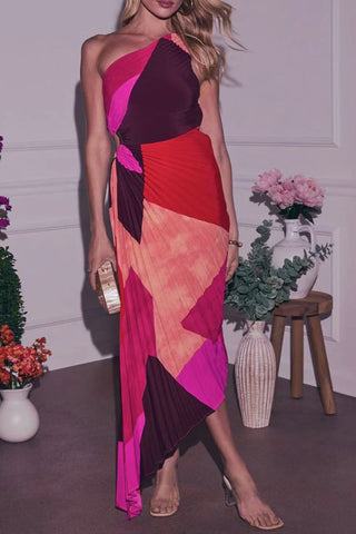 Floral One-Shoulder Pleated Dress