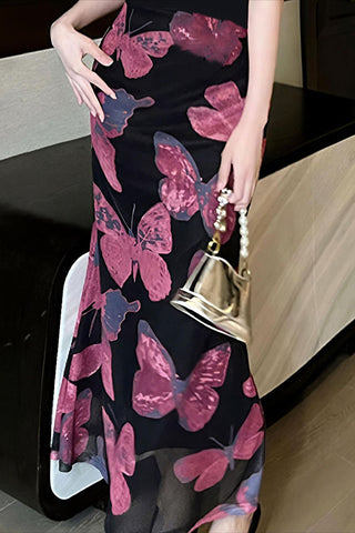 Butterfly Print Casual Midi Skirt
