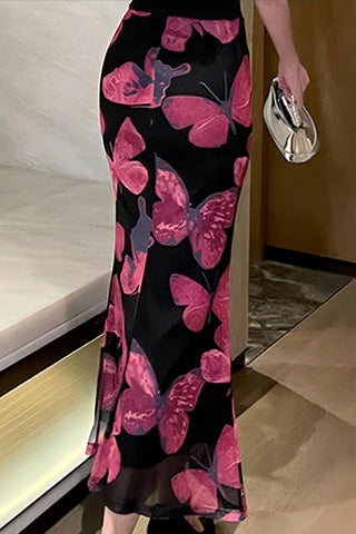 Butterfly Print Casual Midi Skirt