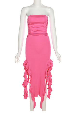 Strapless Midi Dress with Ruffle Accents
