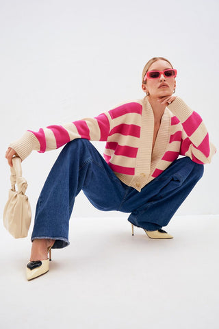 Striped Deep V-Neck Cardigan
