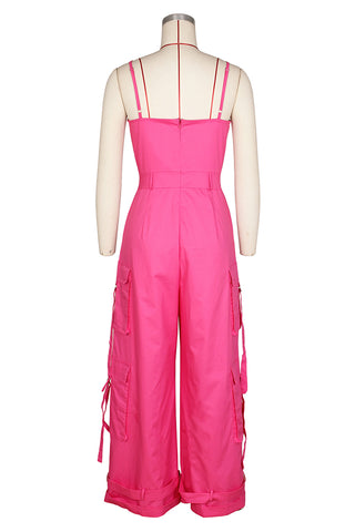 Wide-Leg Cargo Jumpsuit with Straps