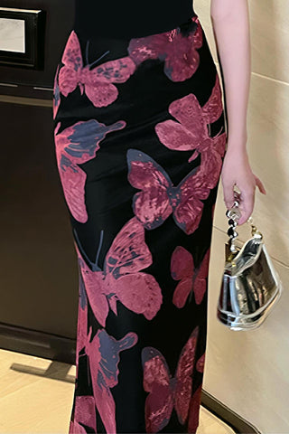 Butterfly Print Casual Midi Skirt
