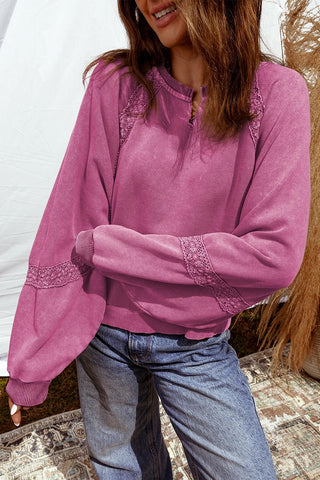 Lace Patchwork Notched Neck Sweatshirt