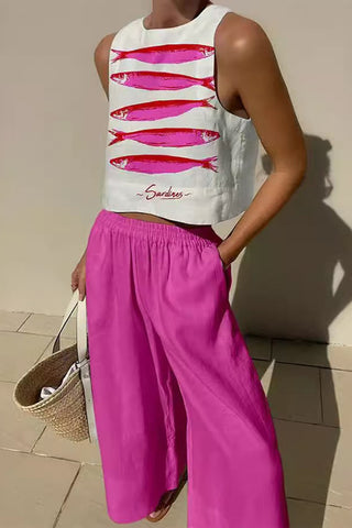 Fish Print Crop Top and Wide-Leg Pants Set