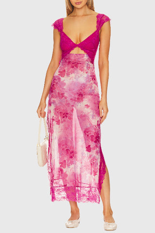 Cut-Out Floral Dress with Lace Trim