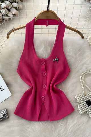 Button-Front Tank Top with Star Detail