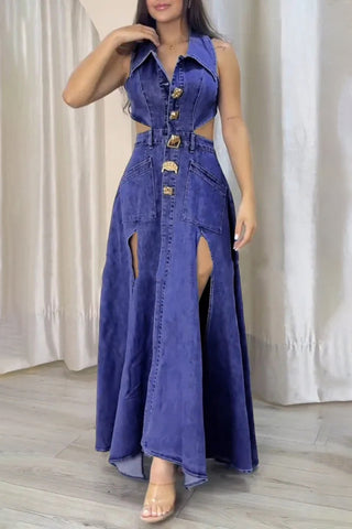 Cutout Belted Denim Maxi Dress