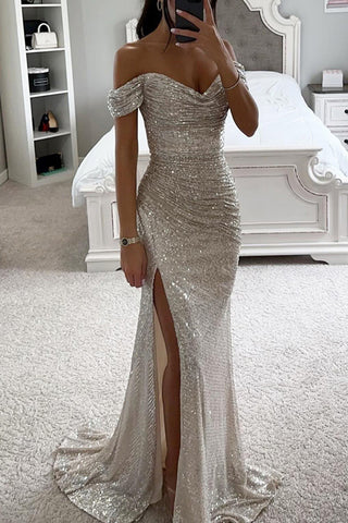 Off-Shoulder Ruched Gown with Slit