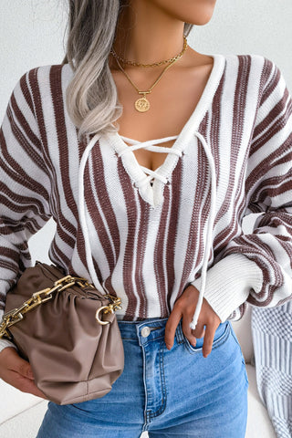 Striped Lace-Up V-Neck Sweater