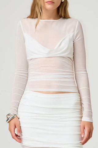 Sheer Long-Sleeve Blouse with Draped Front