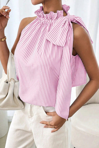 Striped Ruffle Tie-Shoulder Top