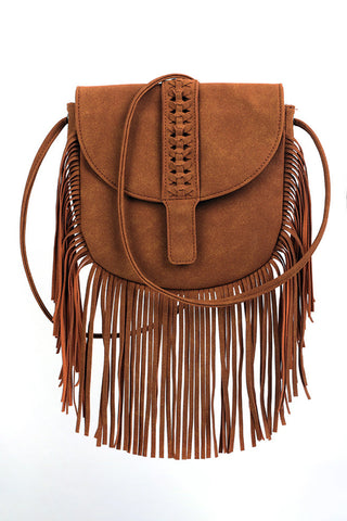 Fringe Shoulder Bag with Decorative Stitching