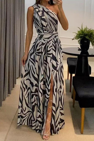 One-Shoulder Zebra Print Maxi Dress