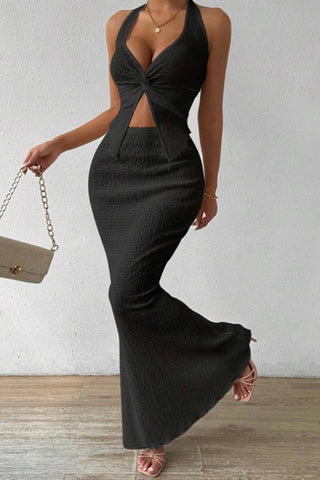 Halter Waist Tie Maxi Skirt Set